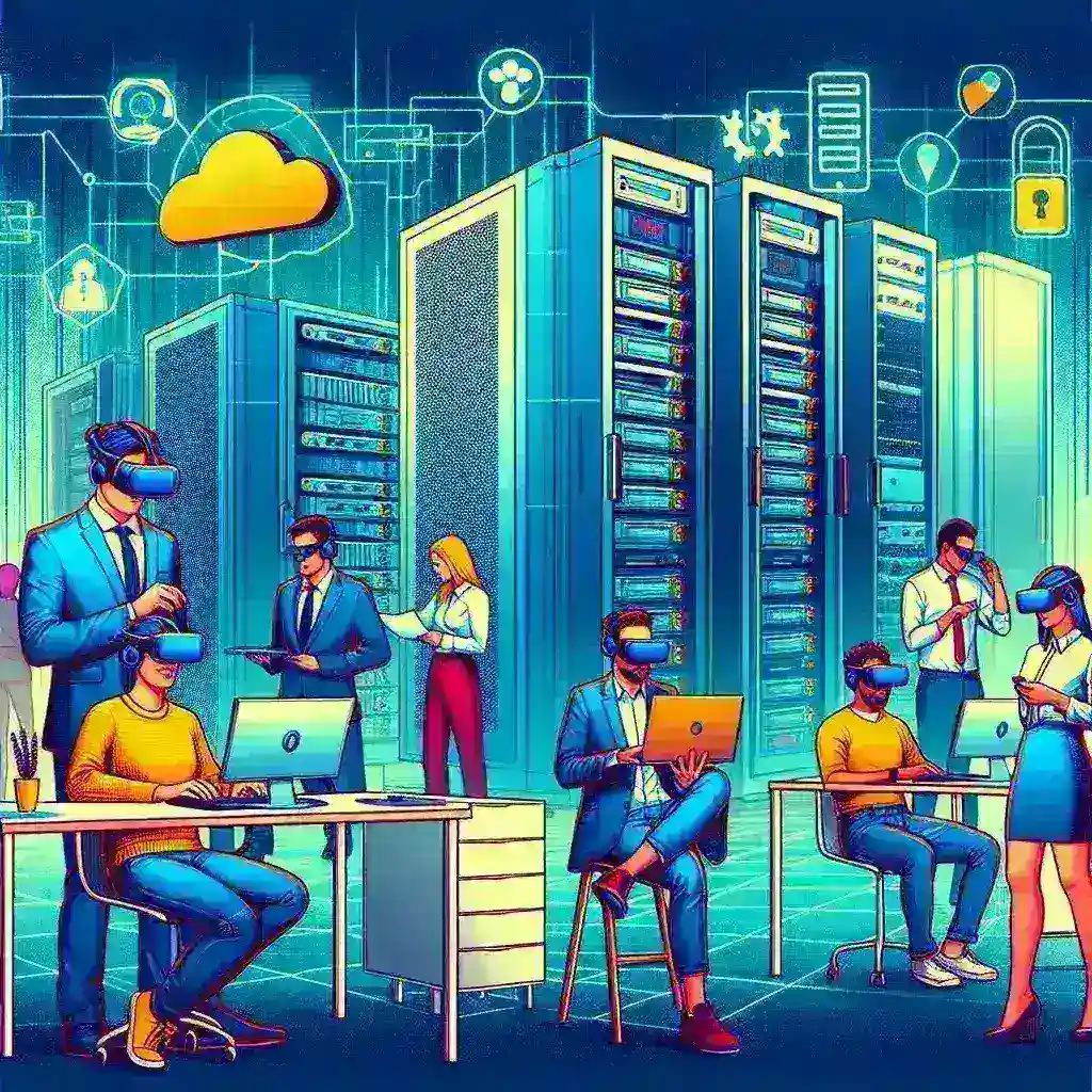 "Equipo de profesionales de startups españolas colaborando en una plataforma de teletrabajo en realidad virtual, destacando innovaciones tecnológicas y la nueva era del trabajo remoto."
